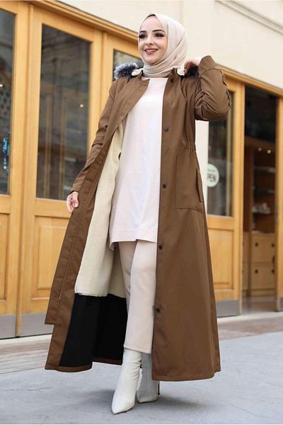 TRENDTESETTÜR Γυναικείο Καφέ (CAMEL) Μανδύα με κουκούλα πλήρους μήκους 0473