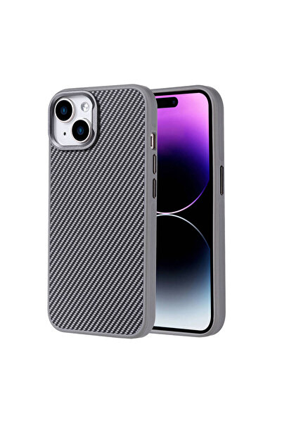 Case 4U Apple iPhone 15 Kılıf Magsafe Karbon Fiber Görünümlü Troy Kapak Gümüş