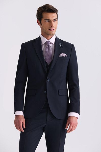 Jakamen Navy Blue Slim Fit Mono Collar Vest Suit