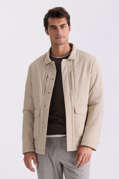 Jakamen Μπεζ Comfort Fit πουκάμισο γιακά εποχιακό παλτό