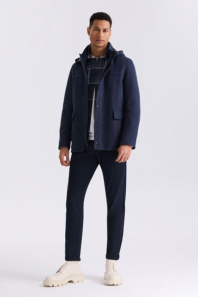 Jakamen Navy Blue Comfort Fit Judge Collar Patterned Hooded Woolen Sports Coat
