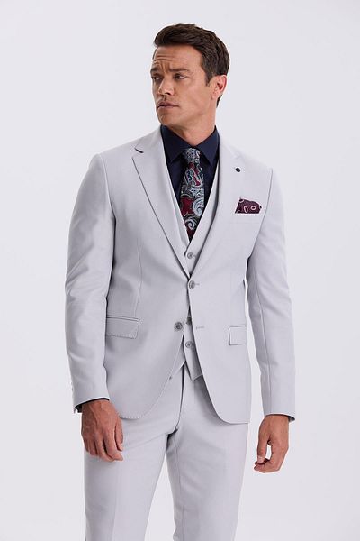 Jakamen Gray Slim Fit Mono Collar Double Slit Vest Suit