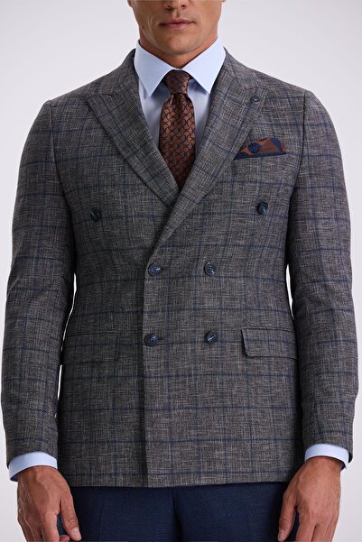Jakamen Koyu Lacivert Slim Fit Kırlangıç Yaka Kareli Kombinli Kruvaze Takım Elbise