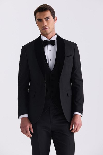 Jakamen Black Slim Fit Shawl Collar Vest Tuxedo Suit