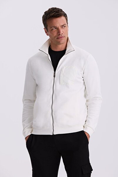 Jakamen Екру Slim Fit суитчър с цип от памук и спандекс