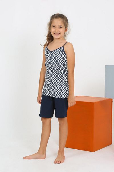 Akbeniz Navy Blue Combed Cotton Pajama Set - Girl's Rope Strap Shorts 20430