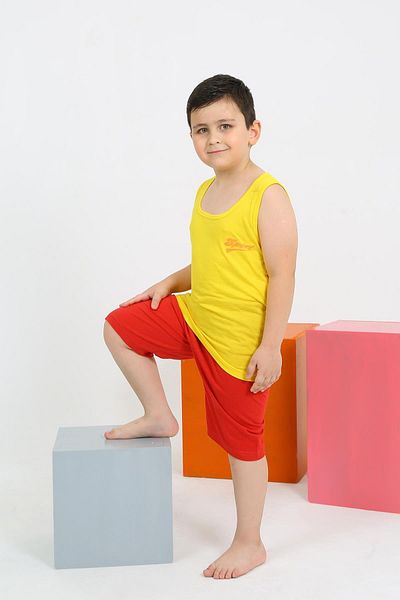 Akbeniz Boy's Yellow Combed Cotton Pajama Set - Zero Sleeve Shorts 20434