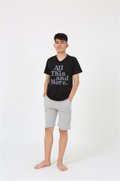 Akbeniz Men's Young Waiter Boy Short Sleeve Black Combed Cotton Shorts Pajama Set 20377