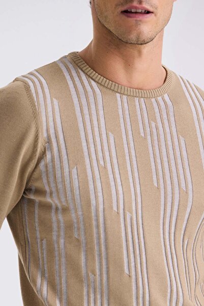 Jakamen Bej Slim Fit Bisiklet Yaka Desenli Triko Kazak