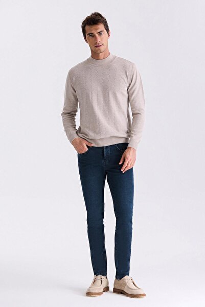 Jakamen Bej Classic Fit Desenli Yarım Balıkçı Yaka Triko Kazak