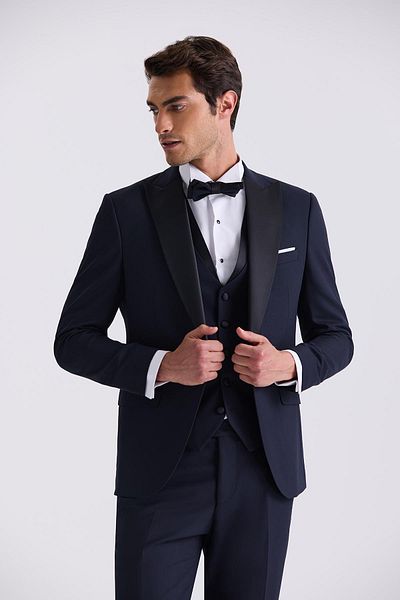 Jakamen Navy Blue Slim Fit Pointed Collar Vest Tuxedo Suit