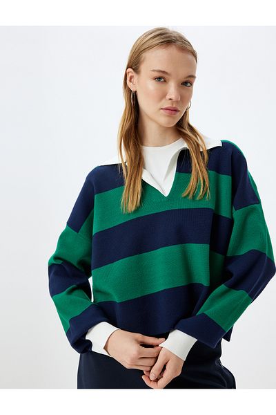 Koton Color Blocked Polo Collar Long Sleeve Sweater