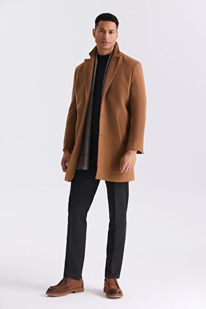 Jakamen Tan Comfort Fit Mono Collar Side Pocket Stamp Coat