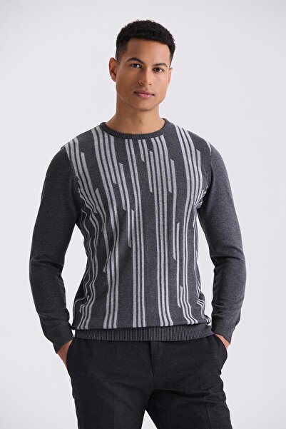 Jakamen Anthracite Slim Fit Crew Neck Patterned Knitwear Sweater