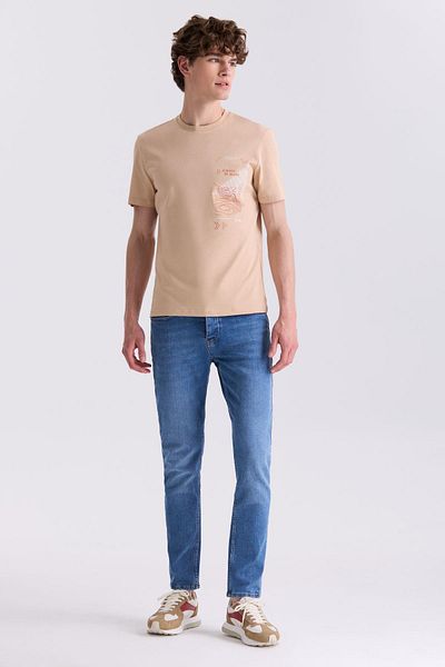 Jakamen Μπεζ Slim Fit T-Shirt με Στρογγυλή Λαιμόκοψη