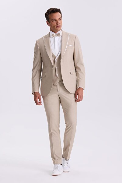 Jakamen Vizon Slim Fit Kırlangıç Yaka Yelekli Smokin Damatlık Takım Elbise