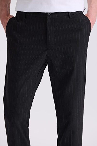 Jakamen Siyah Slim Fit Cizgili Kanvas Pantolon