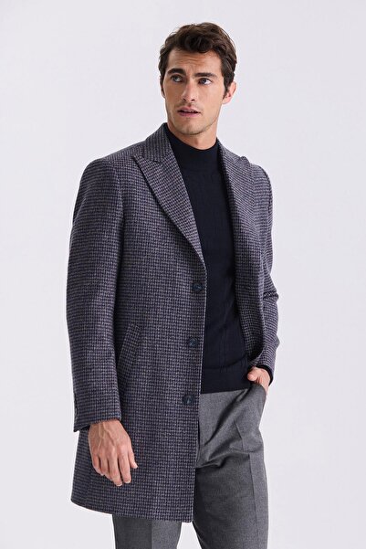 Jakamen معطف كشمير صوفي منقوش بياقة مدببة باللون الأزرق الداكن