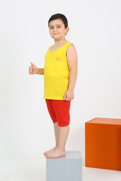 Akbeniz Boy's Yellow Combed Cotton Pajama Set - Zero Sleeve Shorts 20434