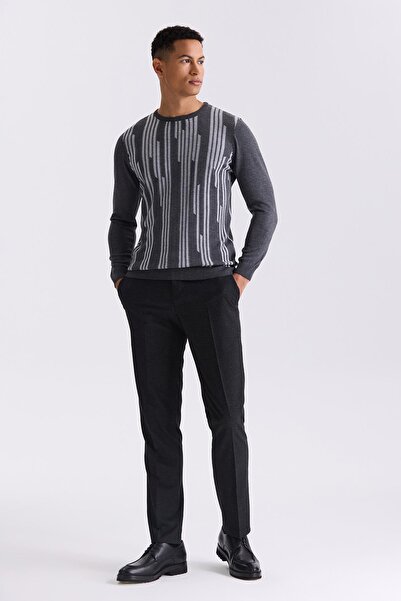Jakamen Anthracite Slim Fit Crew Neck Patterned Knitwear Sweater