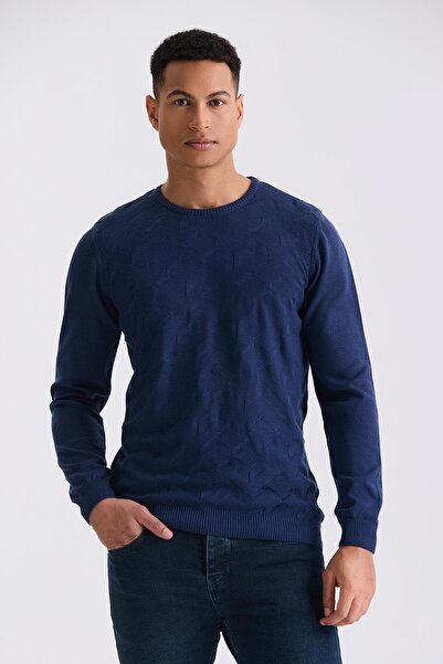 Jakamen Indigo Slim Fit Crew Neck Patterned Knitwear Sweater