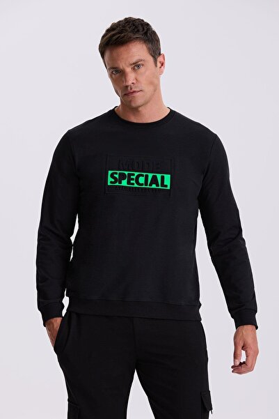 Jakamen Μαύρο φούτερ με λεπτή εφαρμογή με στάμπα με λαιμόκοψη 100% βαμβάκι