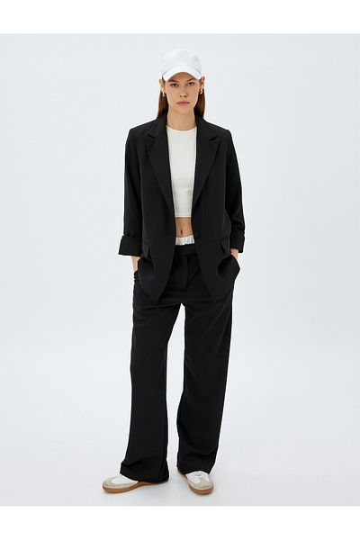 Koton Crepe Scuba Fabric Wide Leg Trousers with Pockets - Double Waist Detail