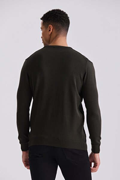 Jakamen Khaki Slim Fit Crew Neck Stripe Patterned Sweater Sweater