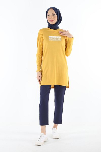 Plistre 2151_kolevi Stitching Detailed Printed Hijab Tunik
