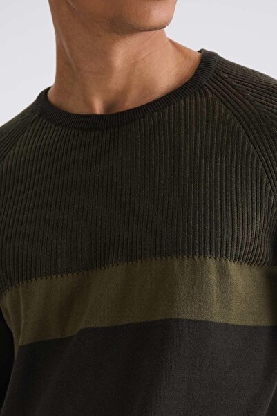 Jakamen Khaki Slim Fit Crew Neck Stripe Patterned Sweater Sweater