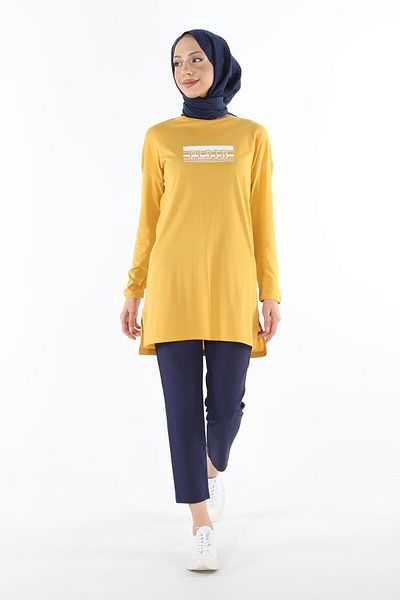 Plistre 2151_kolevi Stitching Detailed Printed Hijab Tunik