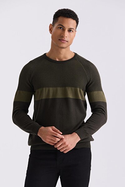 Jakamen Khaki Slim Fit Crew Neck Stripe Patterned Sweater Sweater