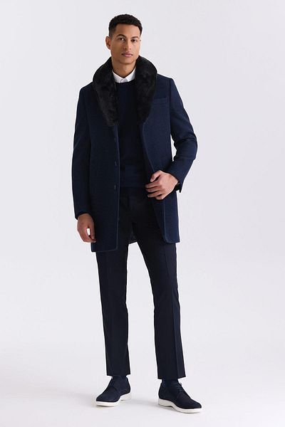 Jakamen Μπλε Navy Regular Fit Αποσπώμενος Γιακάς Μάλλινο Κασμίρ Παλτό
