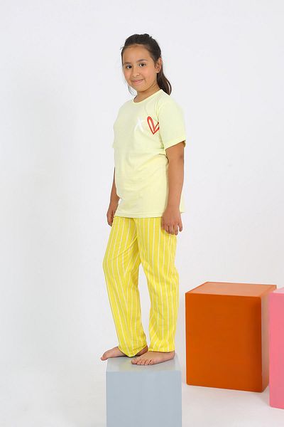 Akbeniz Short Sleeve Yellow Combed Cotton Girl's Pajama Set - 20432
