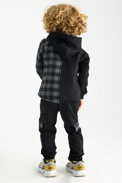 zepkids Boy's Tracksuit Set - Hooded, Long Sleeve, Plaid Pattern, Pocket, Anthracite Color
