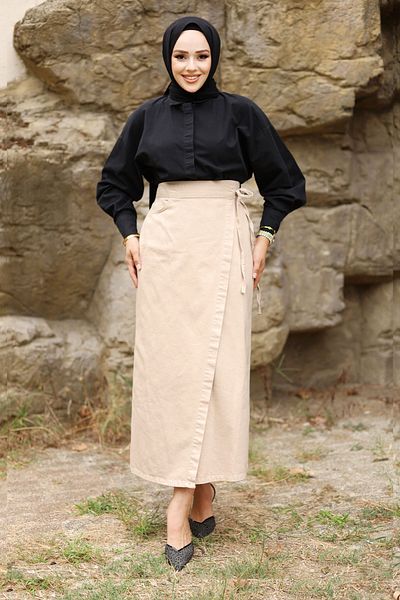 Tesettür Dünyası Beigefarbener, seitlich gebundener Jeansrock – TSD 240615