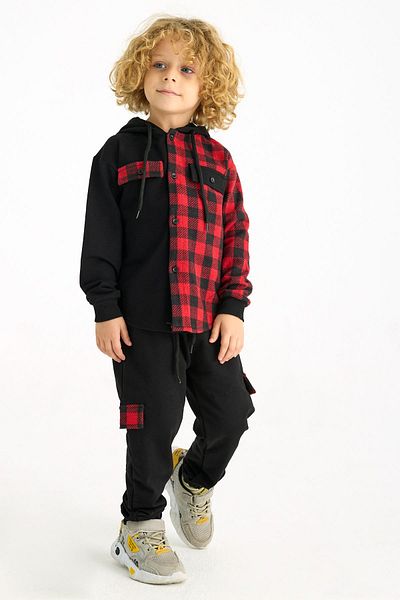 zepkids Hooded Long Sleeve Plaid Pocket Red Color Boy's Tracksuit Set