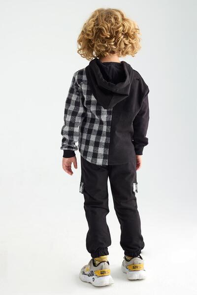 zepkids Hooded Long Sleeve Plaid Pocketed Gray Color Boy's Tracksuit Set