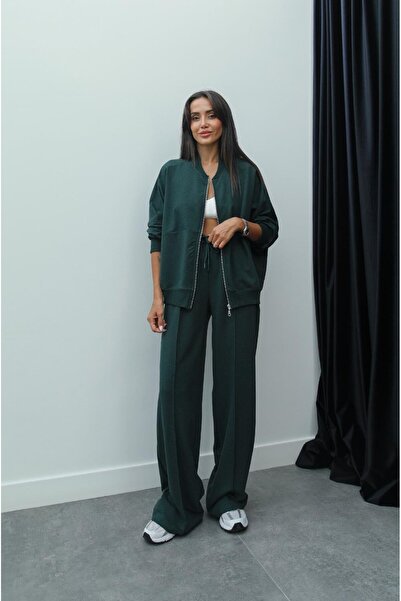 Havoş Faye Emerald Green Zippered Sweatshirt and Sweatpants Set