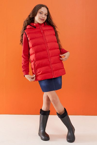 Cansın Mini Red Hooded Children's Puffer Vest with Zipper Pocket 17531