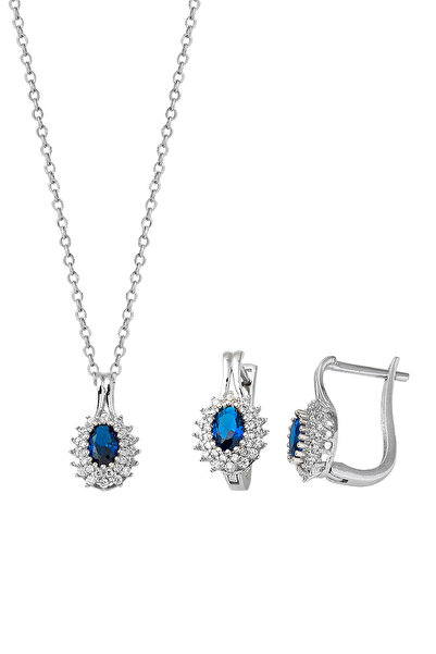 Bilezikci Mavi Taşlı Kolye Küpeli Altın Set