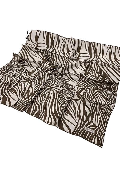 ipekevi Eșarfă de mătase albă kaki din twill - model zebră