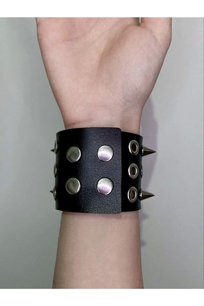 DarkellaStore Gothic, Punk, Three Row Leather Bracelet with Spiky Eyelets