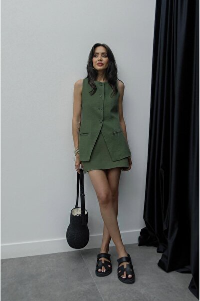 Havoş Σετ λινό φούστα και γιλέκο Khaki Victor