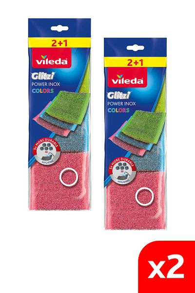 Vileda 2 Pack of 3 Power Inox Colors Steel Dish Sponges