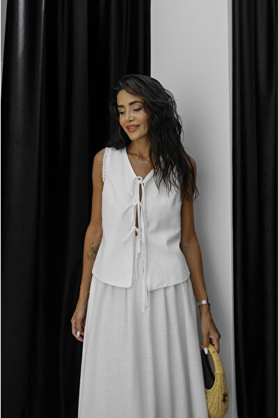 Havoş Ecru Scallop Blouse and Skirt Set - Stripe Detailed