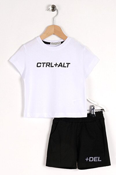 zepkids Crew Neck Short Sleeve Text Printed Pocket Detailed White Color Boy's Shorts Suit