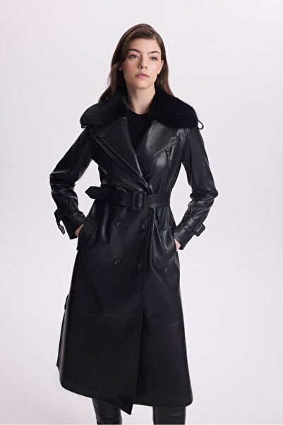 Zühre Kürk Yaka Fermuar Detaylı Deri Siyah Trençkot 13527