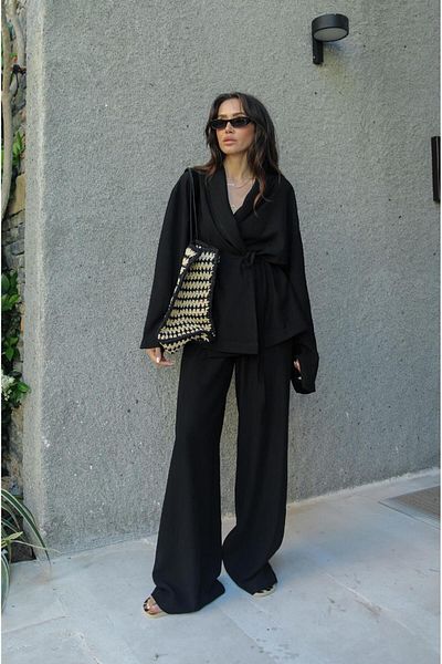 Havoş Shawl Collar Black Kimono and Pants Set