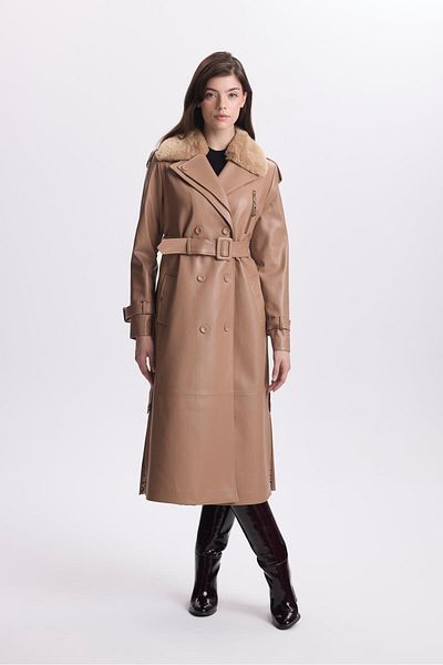 Zühre Camel Leather Fur Collar Trench Coat - Zipper Detailed 13527